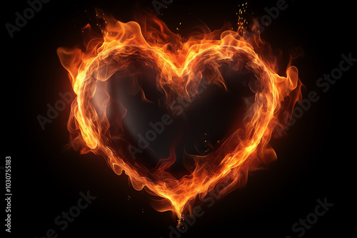 flame love fire heart shape on black background, AI generated