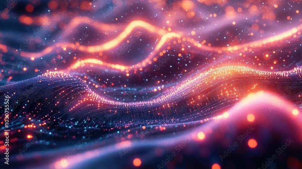 Abstract glowing particles and digital waves in a futuristic environment representing tech-driven processes Abstract glowing particles and digital waves in a futuristic environment representing tech-driven processes