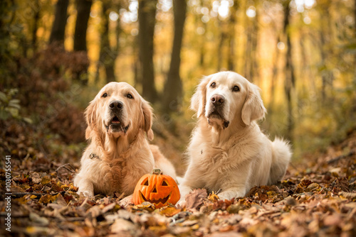 Photography Halloween Golden Retriever, two dogs and a pumpkin, happy fall y'all