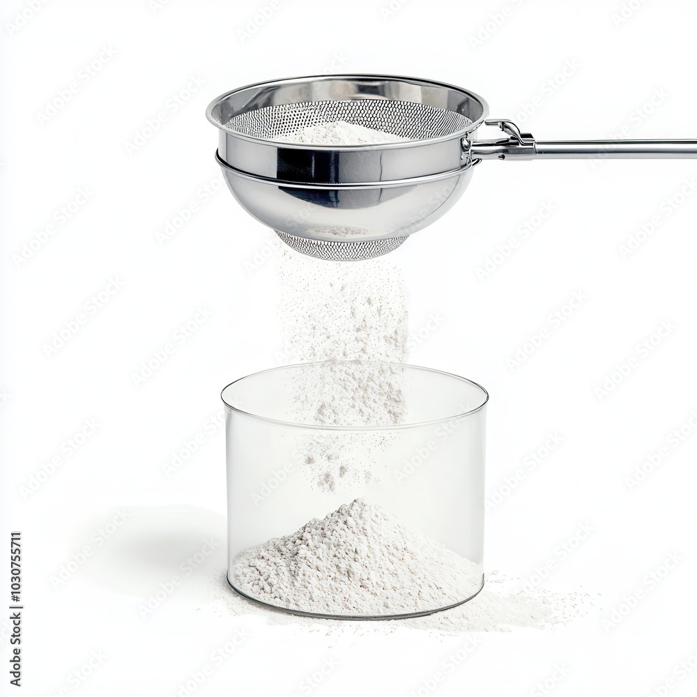 Sifting flour through a fine mesh strainer on a white isolated background. Sifting flour through a fine mesh strainer on a white isolated background.