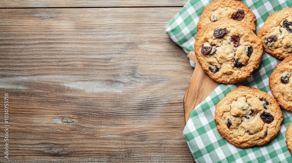 Top view of homemade oatmeal raisin cookies with copy space on wooden table. Top view of homemade oatmeal raisin cookies with copy space on wooden table.