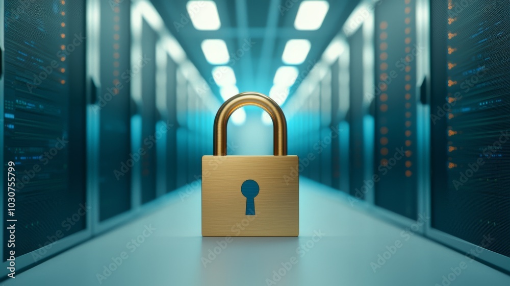 Fototapeta premium A golden padlock stands in a data center hallway, symbolizing digital security and protection amidst servers.