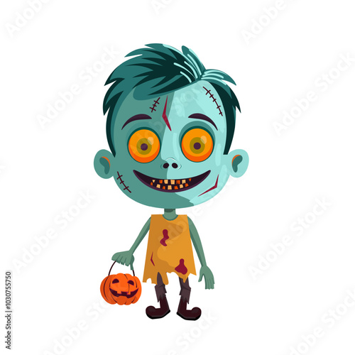 Cute Halloween zombie boy. Vector illustration. Kid wearing Halloween costume.