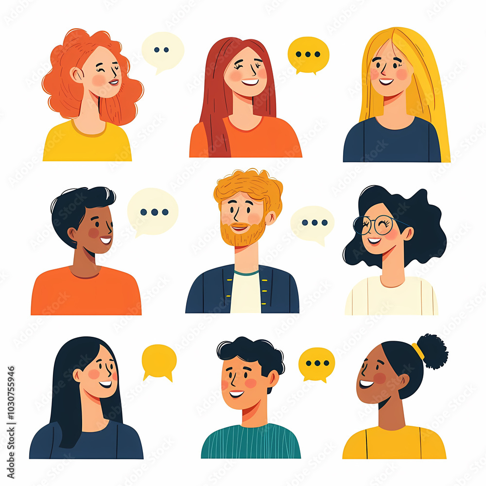 People of different skin colors chatting happily in friendly atmosphere, showcasing diverse expressions and hairstyles. This illustration captures joy of conversation and connection People of different skin colors chatting happily in friendly atmosphere, showcasing diverse expressions and hairstyles. This illustration captures joy of conversation and connection