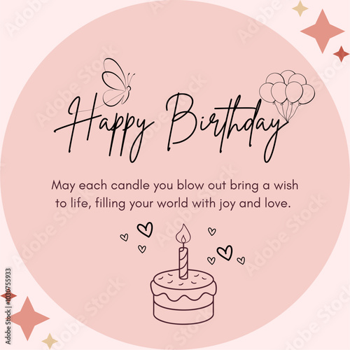 Happy Birthday Greeting Card with Inspirational Message, Cake, Balloons, Butterfly, and Heart Accents - Wishes for Joy, Love, and Happiness