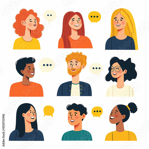 People of different skin colors chatting happily in friendly atmosphere, showcasing diverse expressions and hairstyles. This illustration captures joy of conversation and connection