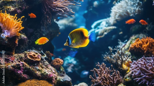 Colorful fish and coral reef in an aquarium.