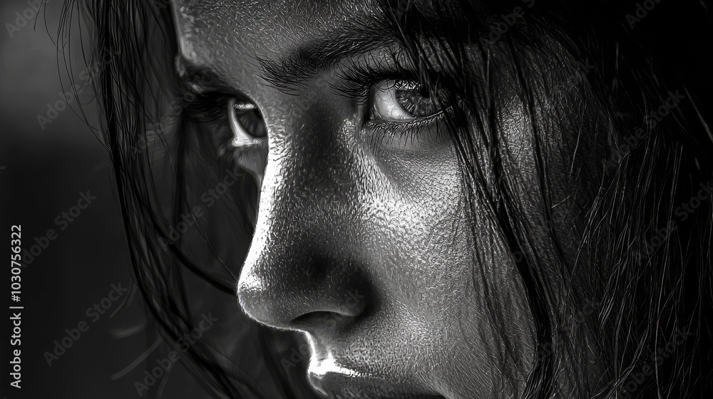 Intense Black and White Close-up Portrait of Wet Hair Woman's Face Intense Black and White Close-up Portrait of Wet Hair Woman's Face