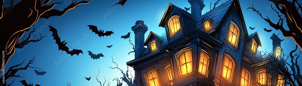 Spooky haunted house with glowing windows and bats flying around under a moonlit sky, perfect for a Halloween-themed design or illustration. Spooky haunted house with glowing windows and bats flying around under a moonlit sky, perfect for a Halloween-themed design or illustration.