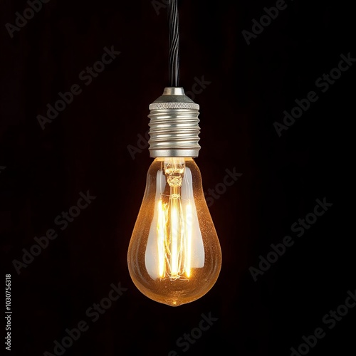 A glowing vintage light bulb hanging from a black cord.