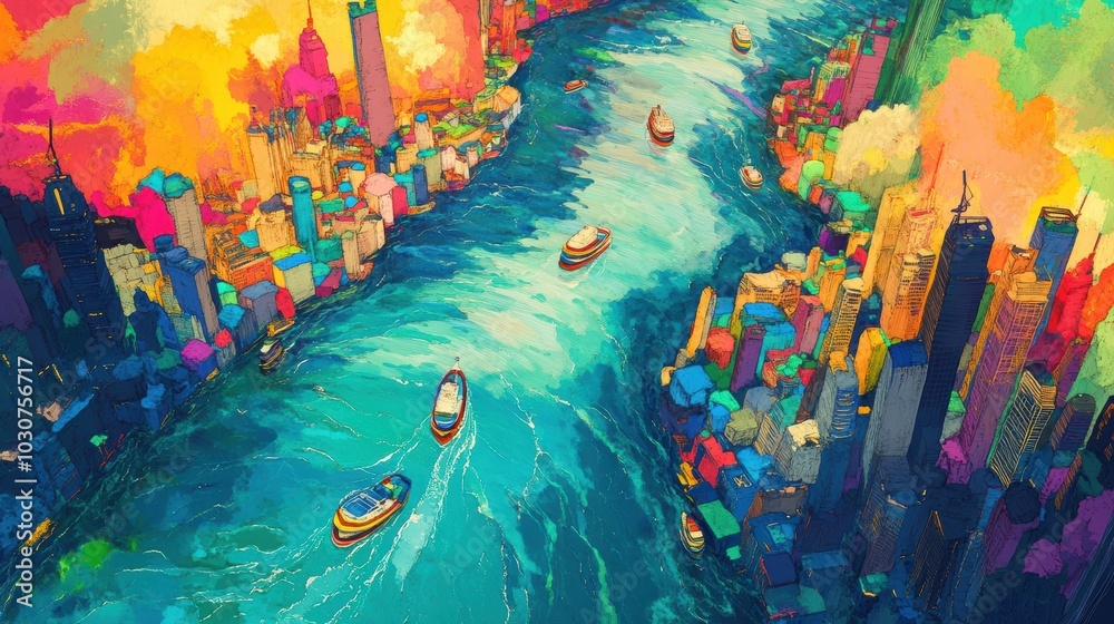 Naklejka premium Colorful cityscape with boats on a river.