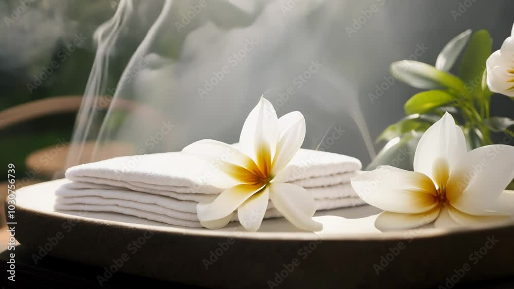 White orchid flower on soft towels, symbolizing a relaxing spa treatment in a peaceful setting. VIDEO White orchid flower on soft towels, symbolizing a relaxing spa treatment in a peaceful setting. VIDEO