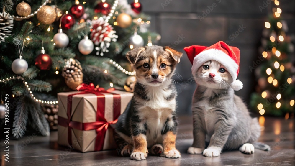 Christmas Puppy and Kitten with Presents generative ai Christmas Puppy and Kitten with Presents generative ai
