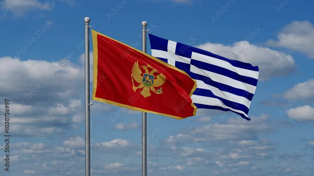 Greece and Montenegro flags flying together, video concept of the relationship, two country relations concept Greece and Montenegro flags flying together, video concept of the relationship, two country relations concept