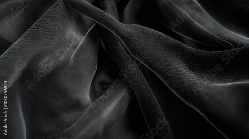 Beautiful black fabric organza with folds background. Black organza texture background.
