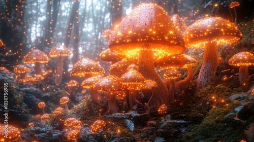 A Whimsical Scene Featuring Glowing Mushrooms in a Magical Forest Setting