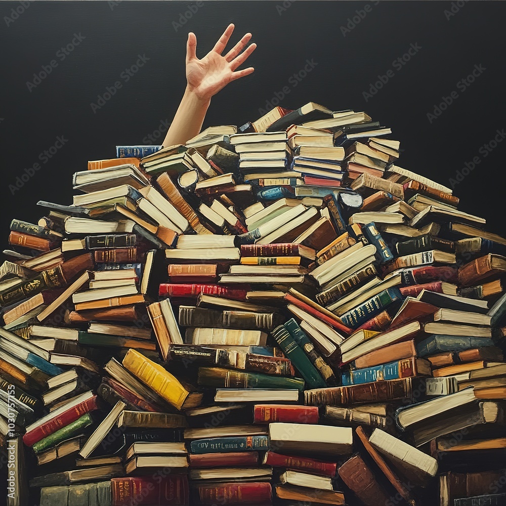 Obraz premium a small mountain of books and one hand reaching out from the bottom