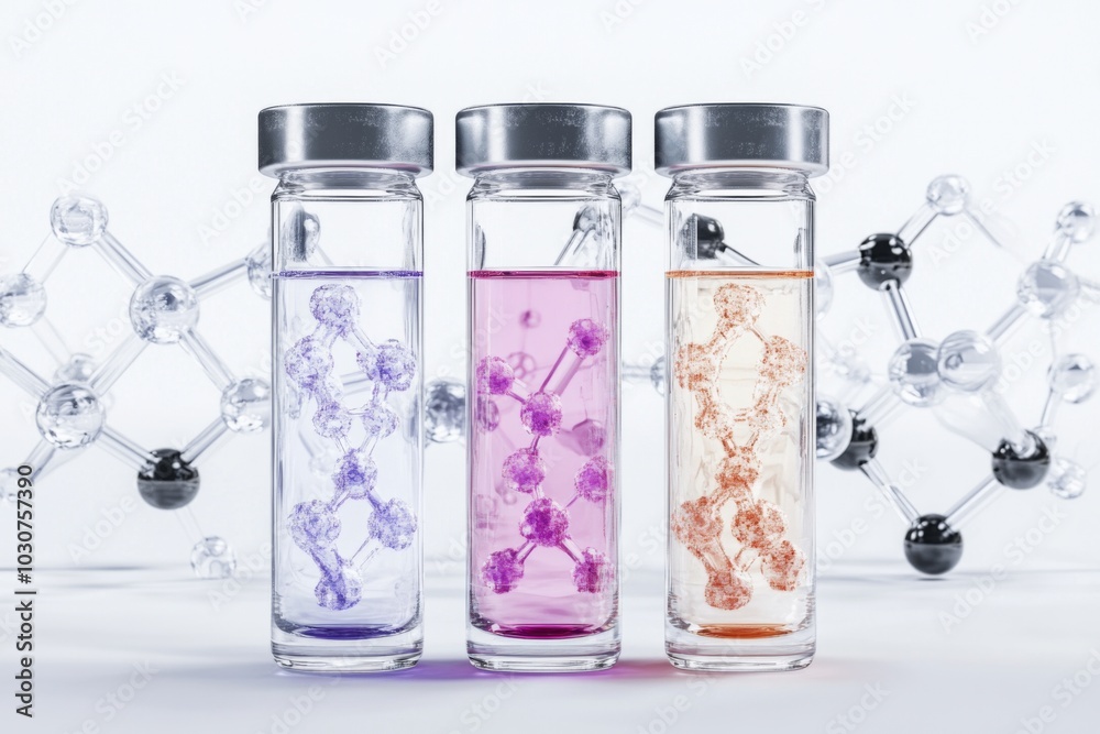 Fototapeta premium Colorful laboratory vials containing molecular structures, illustrating chemical composition and research in a modern scientific environment.