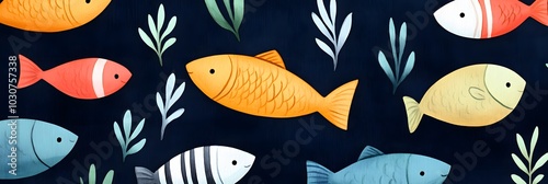 A colorful illustration featuring various fish swimming among aquatic plants against a dark background.