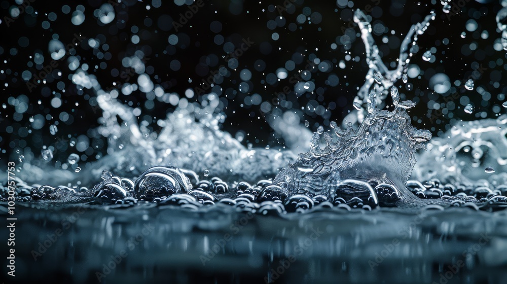 Water droplets splashing are frozen mid motion in this close up shot, emphasizing the intricate, flowing patterns of liquid against a soothing blue backdrop. Water droplets splashing are frozen mid motion in this close up shot, emphasizing the intricate, flowing patterns of liquid against a soothing blue backdrop.