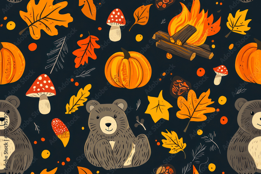 Autumn season concept Background of grizzly bears, pumpkin, campfire, leaves, mushroom. Pattern. Autumn season concept Background of grizzly bears, pumpkin, campfire, leaves, mushroom. Pattern.