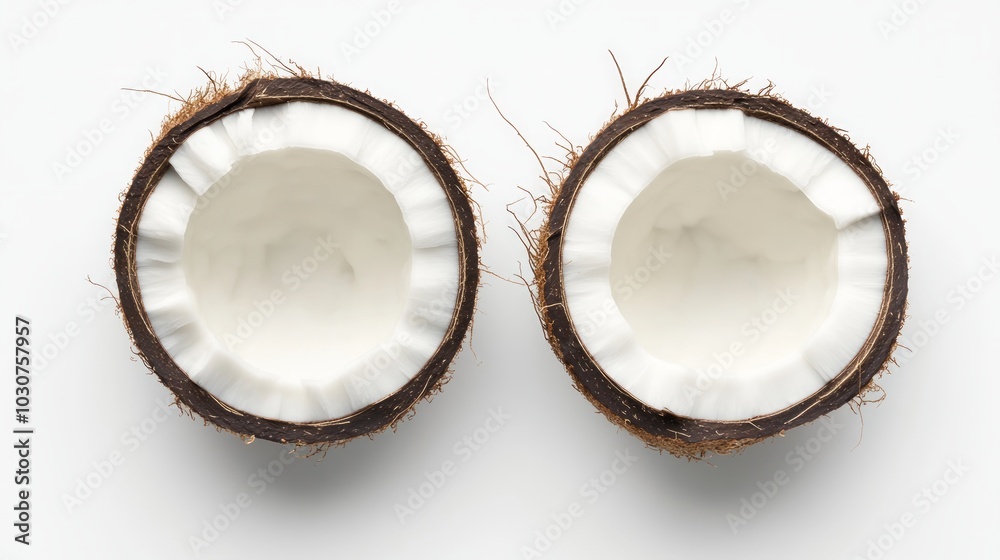 Two halves of a coconut, open and ready to eat, isolated on a white background. Two halves of a coconut, open and ready to eat, isolated on a white background.