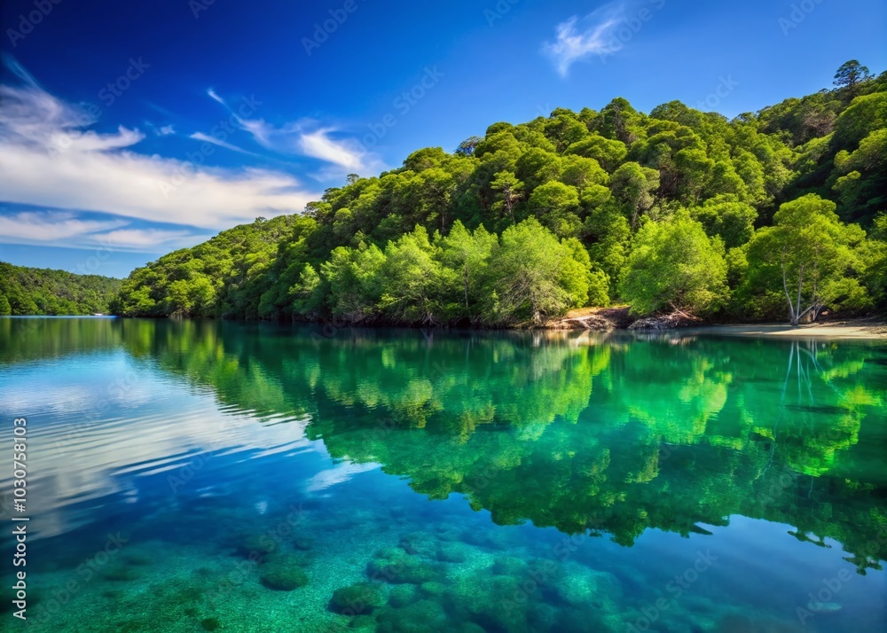 Minimalist Bay Landscape on Príncipe Island with Lush Forest and Serene Blue Water Minimalist Bay Landscape on Príncipe Island with Lush Forest and Serene Blue Water