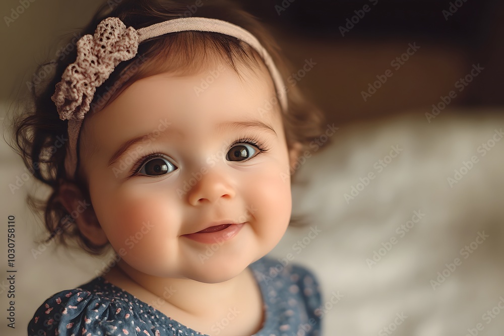 A joyful baby smiles brightly, adorned with a cute headband, capturing a moment of innocence and warmth. A joyful baby smiles brightly, adorned with a cute headband, capturing a moment of innocence and warmth.