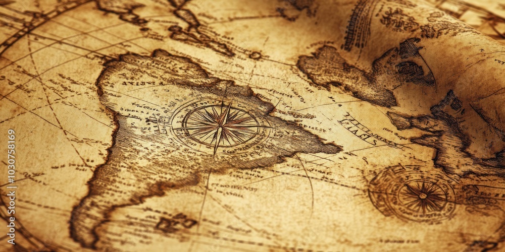 Fototapeta premium Vintage compass rose on an old world map.