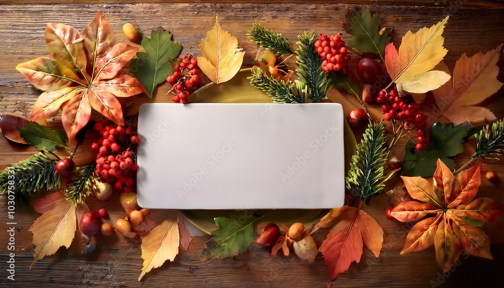Obraz premium Autumn table setting with a blank place card amidst colorful fall leaves and seasonal decorations. Generative AI