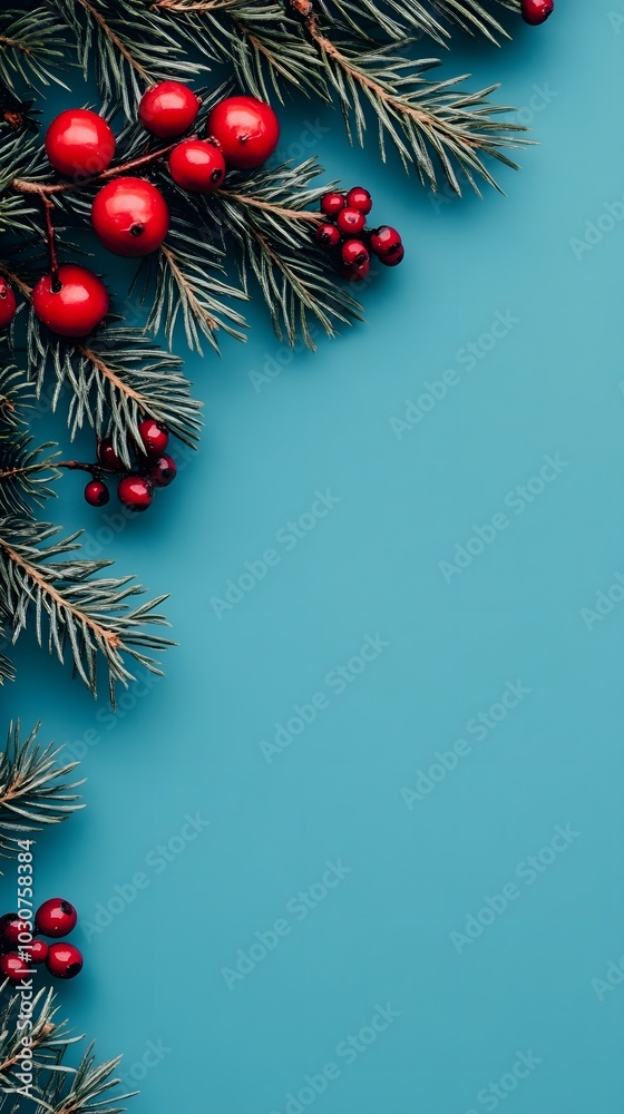A festive arrangement of evergreen branches and red ornaments on a vibrant blue background, perfect for holiday decorations. A festive arrangement of evergreen branches and red ornaments on a vibrant blue background, perfect for holiday decorations.