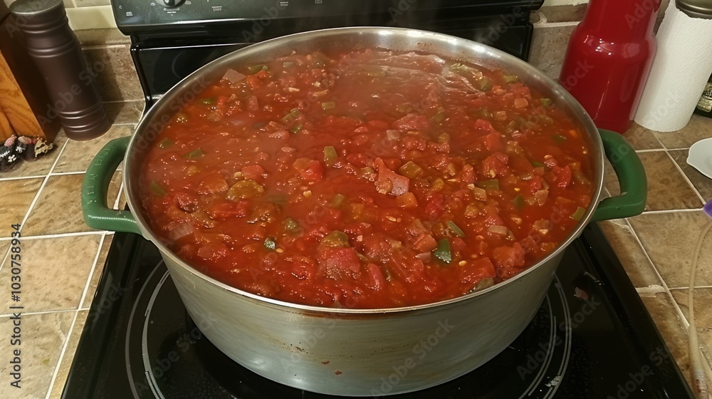 A Pot of Steaming Red Sauce on a Stovetop A Pot of Steaming Red Sauce on a Stovetop
