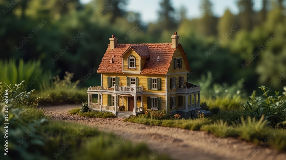A miniature yellow house with a red roof sits on a dirt path in a green grassy forest.