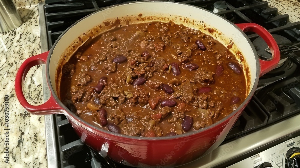 A Pot of Chili on a Stovetop A Pot of Chili on a Stovetop