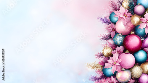 Delightful Watercolor Scene of a Christmas Tree Adorned with Pink Elements in a Calming Atmosphere