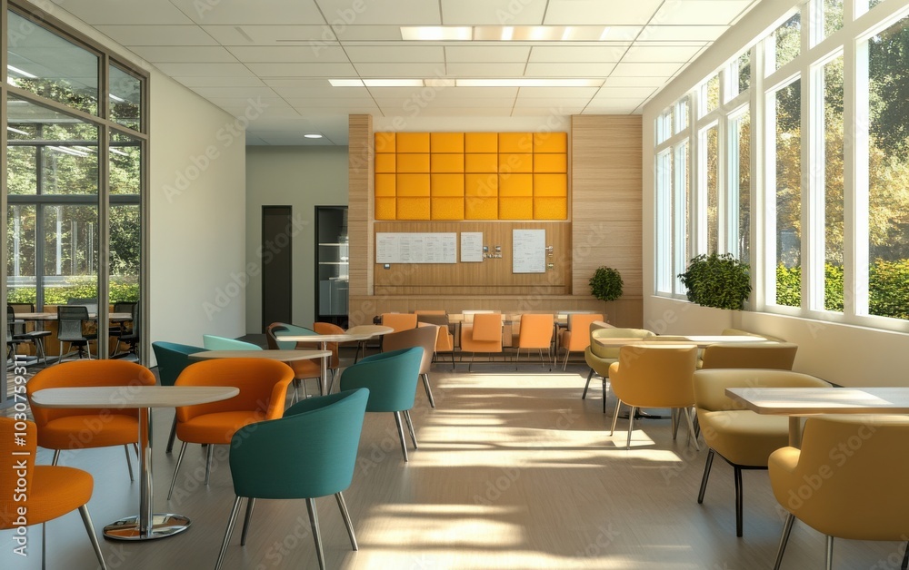 A 3D rendering of a bright coworking office interior, showcasing stylish furniture arrangements and a designated mock-up place on the wall A 3D rendering of a bright coworking office interior, showcasing stylish furniture arrangements and a designated mock-up place on the wall