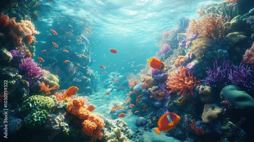 Fototapeta premium Colorful fish swim through vibrant coral reef.