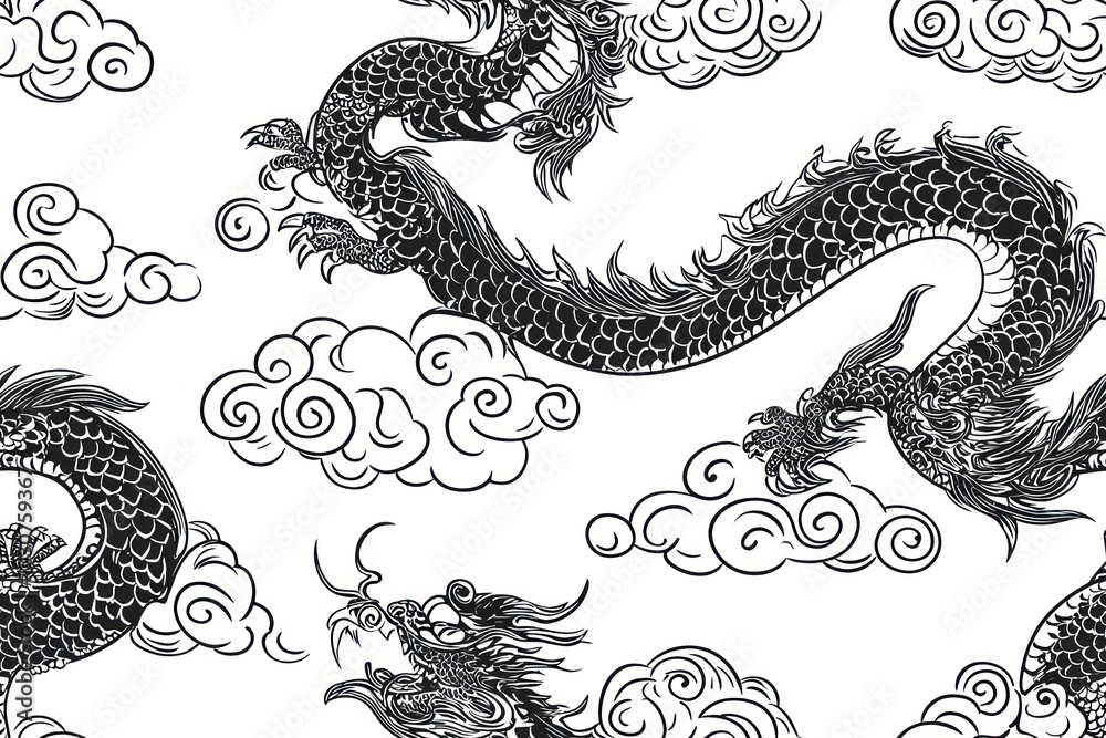 Pattern with chinese dragon and clouds. Black and white hand draw. Pattern with chinese dragon and clouds. Black and white hand draw.
