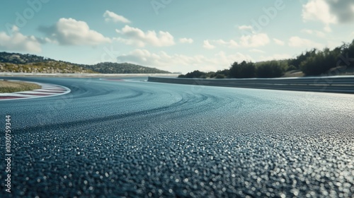 Empty race track leading into a sharp corner, perfect for copy space, no cars or people present