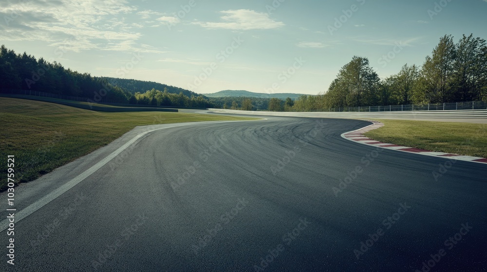 Fototapeta premium Empty race track leading into a sharp corner, perfect for copy space, no cars or people present