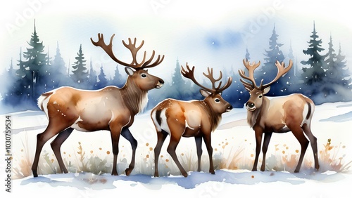 A herd of reindeer peacefully grazing in a snow-covered winter meadow, depicted in detailed 4K resolution with an isolated white background