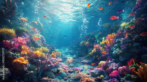 Colorful coral reef with fish in blue water.