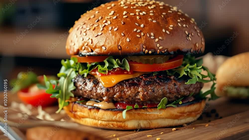 Gourmet Cheeseburger with Lettuce, Tomato, and Pickles on a Rustic Wooden Table in a Cozy Restaurant Setting with Warm Ambient Lighting Gourmet Cheeseburger with Lettuce, Tomato, and Pickles on a Rustic Wooden Table in a Cozy Restaurant Setting with Warm Ambient Lighting