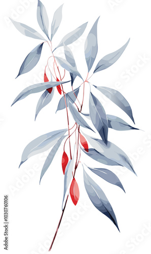 Weeping willow branch and leaves vector illustration in watercolor style on white background