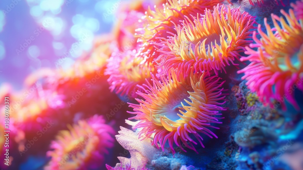 Obraz premium Vibrant pink and yellow anemones cluster together on a coral reef, bathed in the soft light of the ocean.