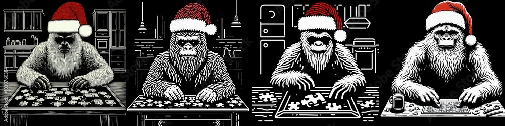 Obraz premium Bigfoot in santa hat solving puzzle at kitchen table