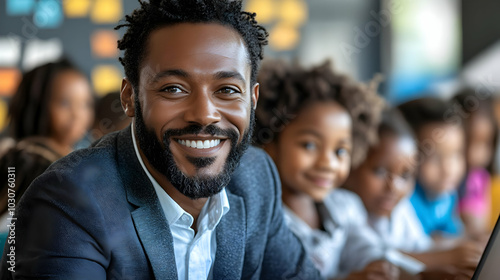 A smiling man with children in a classroom setting.