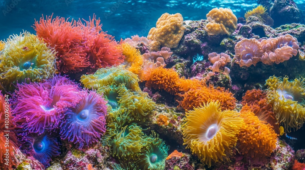 Fototapeta premium Vibrant sea anemones with various colors bloom on a coral reef in the ocean.