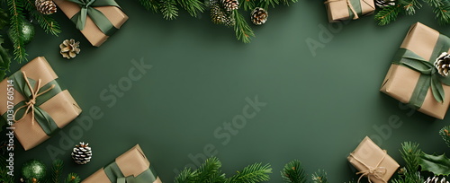 Top view of green christmas background with fir branches and gifts in natural wrapping paper.Banner with copyspace
