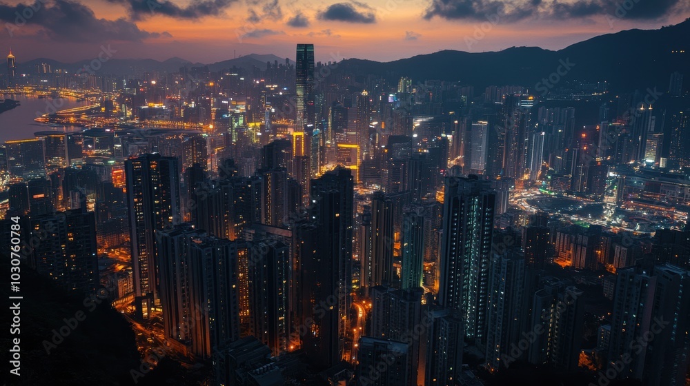 Obraz premium A cityscape with lit windows at dusk.